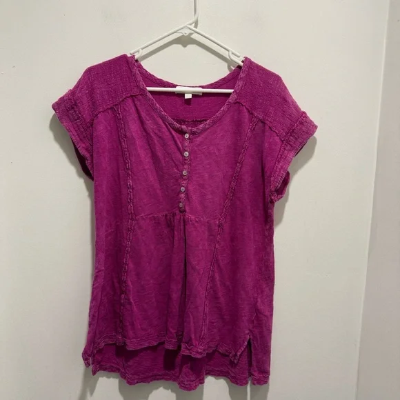 Anthropologie Eri Ali Julie Short Sleeve Henley Tunic Top Size S In Fucshia - Picture 2 of 8